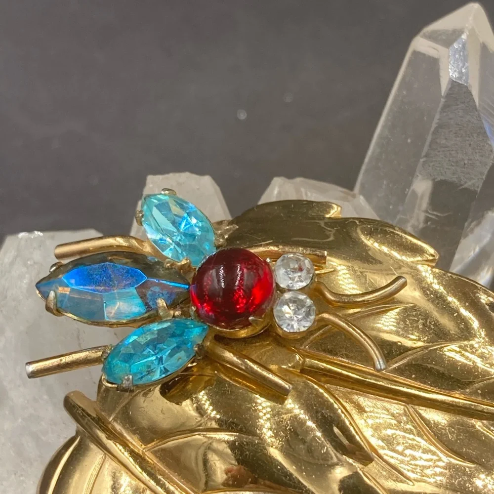 Vintage Coro Double Leaf and Rhinestone Bug Brooch